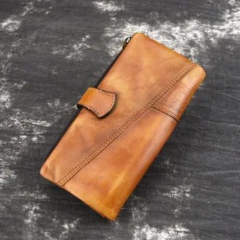 Retro brušena cowhide moda šivanje dolgo usnjena denarnica z priložnostne multi card usnja za moške denarnice RIFD