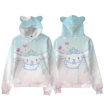 Sanrio Kawaii Risanka Cinnamorol Mačka Ušesa Hooded Digital Print Jeseni Modna Majica Srčkan Cinnamorol Otroci Majica