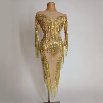 Shinning Rese Dolgimi Rokavi Ženske Jazz Plesne Kostume Za Lady Opravljanje Fazi Visoko Elastična Rojstni Dan Praznovala Zlato Obleko