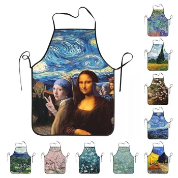 Smešno Zvezdnato Noč Mona Lisa In Vincent Van Gogh hlače z Oprsnikom Predpasniki Moški Ženske Kuhinje Kuhar Tablier Kuhinje za Kuhanje, Peko
