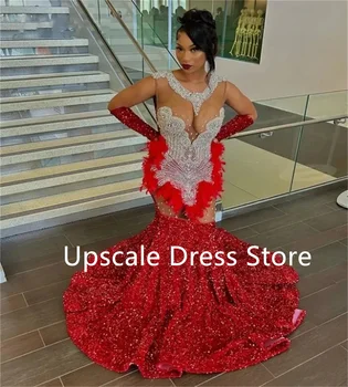 Sparkly Rdeče Bleščica Prom Oblačenja 2024 Pero Morska Deklica Plus Velikost Večernih Oblek Obleko Seksi Odpri Nazaj Beaded Vestidos Gala De Mujer