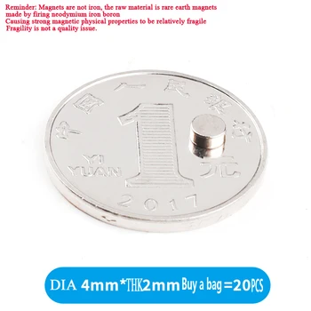 Super Močan Magnet 4x2mm 20pcs Krog Magnetni NdFeB Neodymium magnet Močan Disk imanes