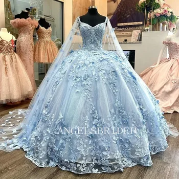 Svetlo Modra Žoga Obleke Quinceanera Obleke 2024 Vestidos De 15 Quinceañera Z Cape 3D Cvetje Za 15 let Stara Dekleta