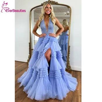 Til Ruffles Prom Obleke Dolgo Črto Zvečer Priložnost Obleke V Vratu Vestidos Gala De Mujer Formalnih Obleke za Ženske 2024