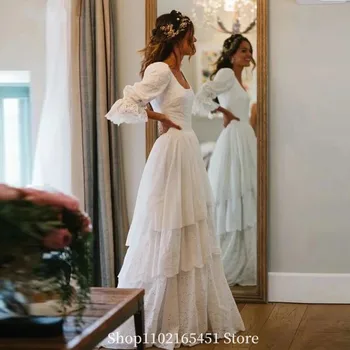 Vintage Poročne Obleke Čipke Appliques Nevesta Halje z Luči Rokavi Stopenjski Kmečko Boho Državi Princesa Brial Oblek