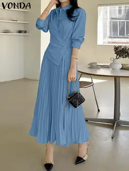 VONDA Elegantne Ženske Midi Obleko 2023 Poletje Priložnostne Barva Stranka Sundress Gumbi Long Sleeve Vintage leated Ogrlicom Vestido