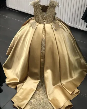 Vroče Kroglice Zlati Cvet Dekle Obleko 2022 za Poroko Čipke Aplicirano Saten Otroci Rojstni dan Nositi Obleke Pageant