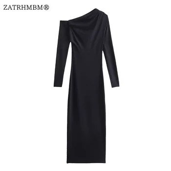 ZATRHMBM Ženske 2023 Jeseni Mode Asimetrični Black Midi Vintage Obleko z Dolgimi Rokavi Slim Fit Ženske Obleke Vestidos Mujer