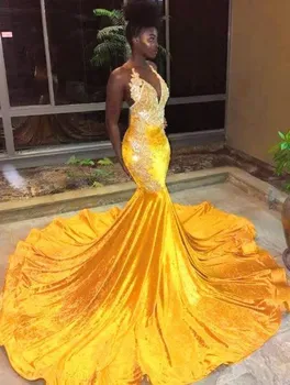 Zlato African American Prom Obleke morska deklica Proti-vrat Žamet Appliques Črna Dekleta Nigerija Haljo De Soiree Večerno Obleko Obleke
