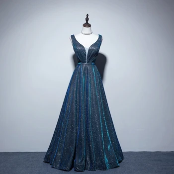 Zvezdnato Peacock Blue Prom Oblačenja A-Linija V Vratu Saten Tiste Brez Rokavov Dolgo Til Formalno Banket Letno Srečanje Večerno Obleko 2023