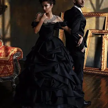 Črna Gothic Poročne Obleke Ruched Off Ramo Linije Dolge Poročne Halje Nazaj Čipke-Up Plus Velikost Vestido De Novia