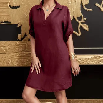 Ženske Brazilski Slog Priložnostne Ohlapno Obleko Dame 2024 Nova Moda V Vratu Bombaž Konoplja Mini Shirt Obleko Ulične Vestidos