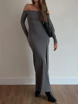 Ženske s Off-Ramo Maxi Obleko z Dolgimi Rokavi Visoko Režejo Backless Slim Bodycon Obleko