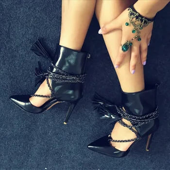 ženske čevlje, sandale, ki modne ženske super visoke pete sandala črni usnjeni sandali lady T fazi čevelj verige rese dekoracijo