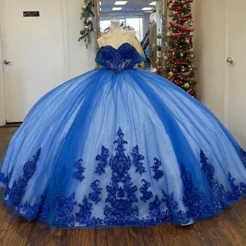 Žogo Quinceanera Obleke Obleko Modro Ročno Appliques Čipke Kroglice Princesa Til Vestidos De 15 Años Rojstni Formalno Obleko